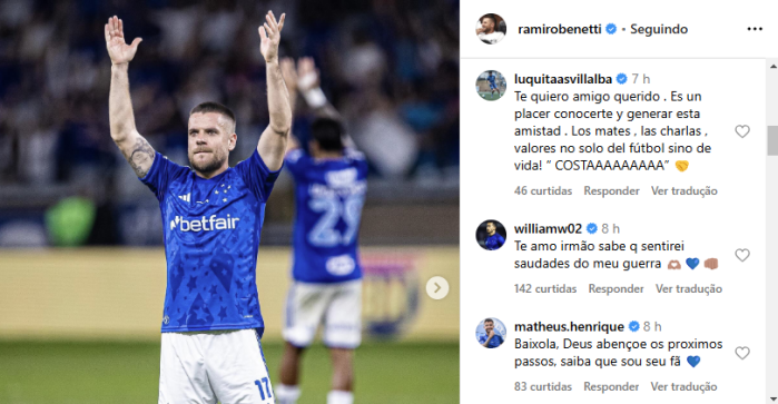 Ramiro se despediu do Cruzeiro nas redes sociais, e jogadores do clube reagiram