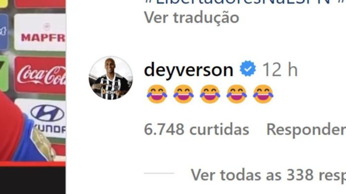 Comentário de Deyverson em post no Instagram ironizando reclamações de capitão do San Lorenzo