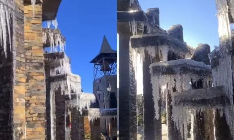 O dia mais frio do ano em Santa Catarina teve sincelo, chafariz congelado e via interditada por excesso de gelo