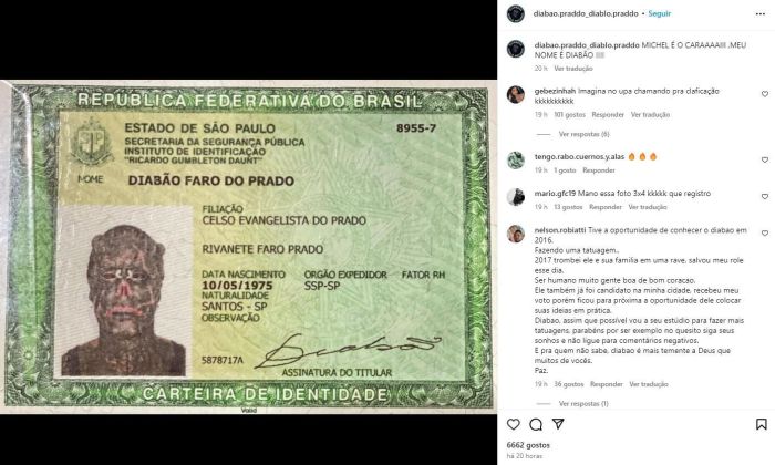 Tatuador com recorde no Guinness mudou nome para 'Diabão' na carteira de identidade e na certidão de nascimento.