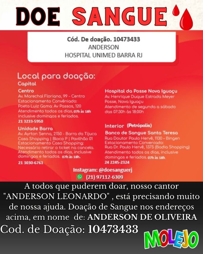 Anderson, do Molejo, pede ajuda para campanha de doação de sangue