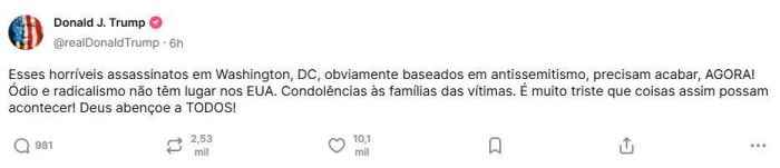 Donald Trump se pronuncia sobre ataque a funcionários da embaixada de Israel, em Washigton, nos Estados Unidos.