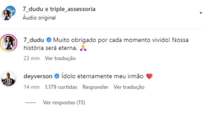 Comentário de Deyverson na publicação de despedida de Dudu