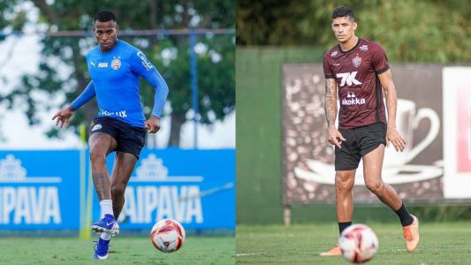 Jean Lucas, do Bahia, e Camutanga, do Vitória, durante treino das equipes