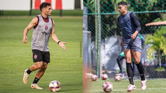 Emmanuel Martínez, do Vitória, e Weverton, do Jacuipense, durante treino das equipes
