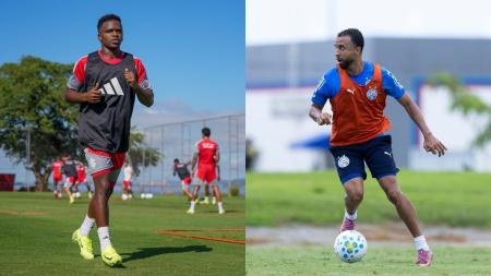 Carbonero, do Inter, e Caio Alexandre, do Bahia, durante treino das equipes