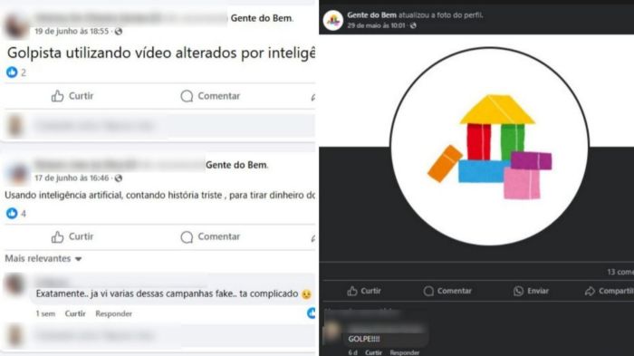 Usuários das redes sociais comentam nas publicações da falsa ONG que utiliza falsos vídeos criados por Inteligência Artificial. Usuários das redes sociais comentam nas publicações da falsa ONG que utiliza falsos vídeos criados por Inteligência Artificial.