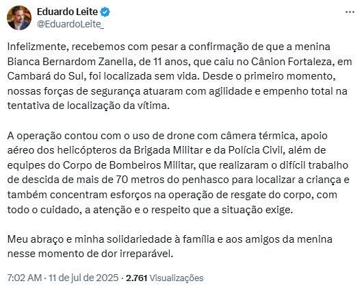 Eduardo Leite se pronuncia sobre morte de criança de 11 anos que caiu de mirante em Cânion Fortaleza, no RS.