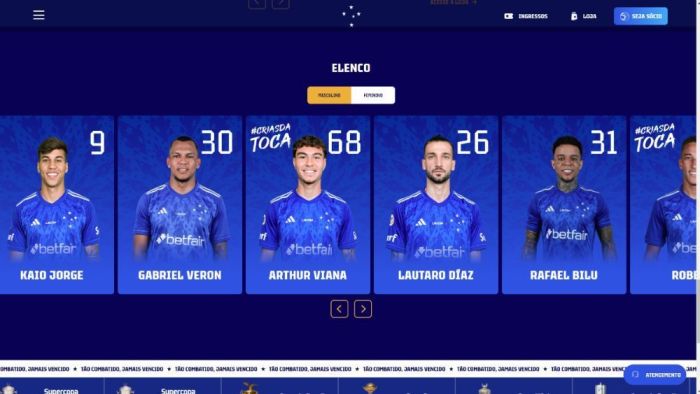 Espaço com o elenco do Cruzeiro conta com fotos atualizadas dos reforços, como os atacantes Kaio Jorge e Lautaro Díaz