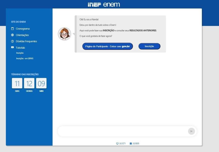A inscrição é feita através da Página do Participante do Enem, com CPF do estudante e senha do portal do governo federal Gov.br. A inscrição é feita através da Página do Participante do Enem, com CPF do estudante e senha do portal do governo federal Gov.br.