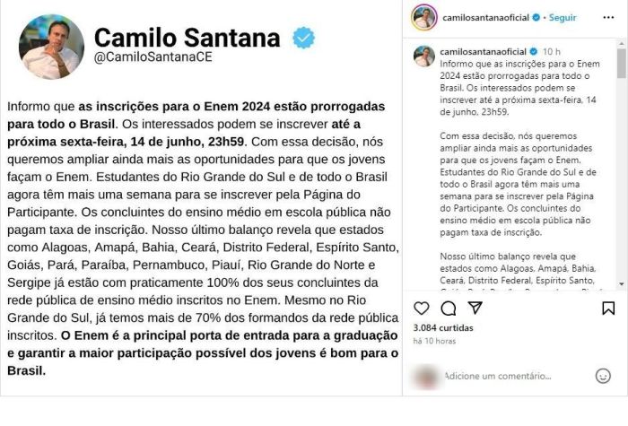 Segundo o ministro, as inscrições foram prorrogadas para que mais estudantes tenham a oportunidade de participar do Enem. Segundo o ministro, as inscrições foram prorrogadas para que mais estudantes tenham a oportunidade de participar do Enem.