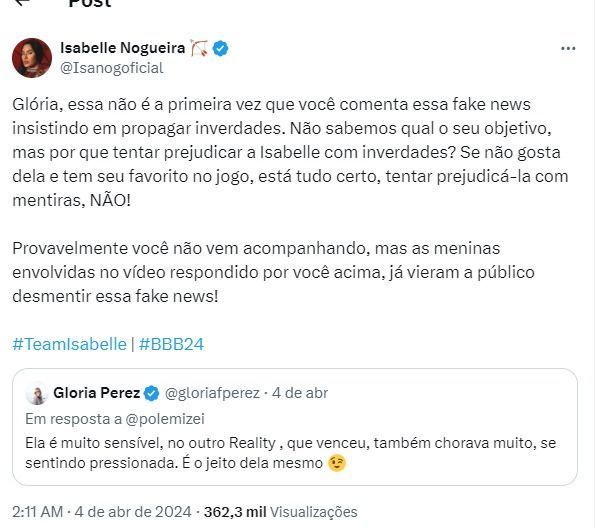 Equipe de Isabelle acusa Glória Perez de espalhar fake news.