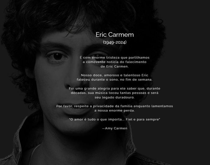 Eric Carmen, o cantor de rock foi um dos pioneiros do power-pop dos anos 1970 Eric Carmen, o cantor de rock foi um dos pioneiros do power-pop dos anos 1970
