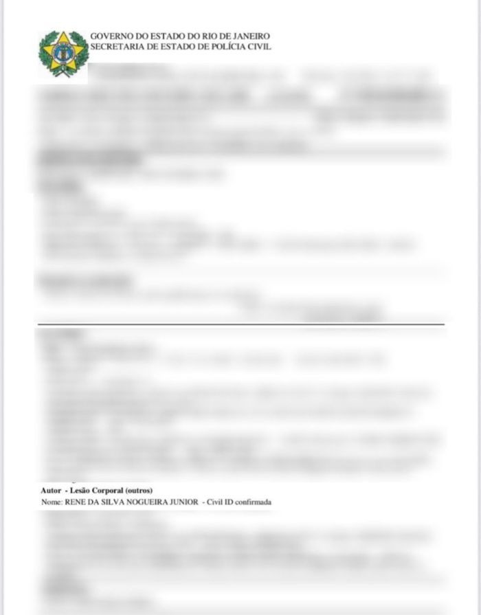 Documento no qual consta Renê como acusado de agredir a ex-esposa no RJ.