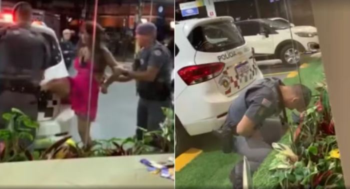 Vídeo mostra ex-panicat presa por dirigir embriagada chutando policial militar.