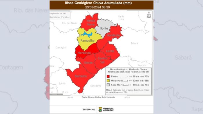 Alerta de risco geológico da Defesa Civil de BH neste sábado (23)