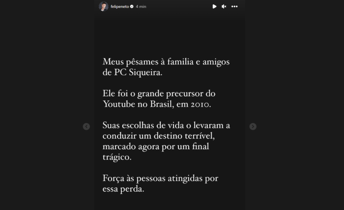 Felipe Neto fez pronunciamento sobre a morte de PC Siqueira