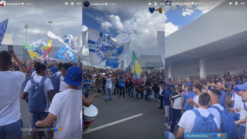 Jogadores do Cruzeiro reagem à festa da torcida em aeroporto antes da final da Sul-Americana