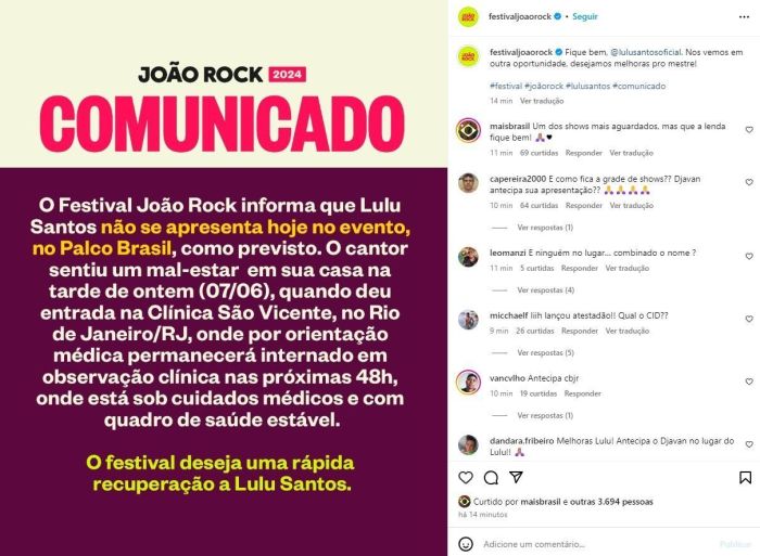 Festival se pronuncia após cantor Lulu Santos ser internado. Festival se pronuncia após cantor Lulu Santos ser internado.