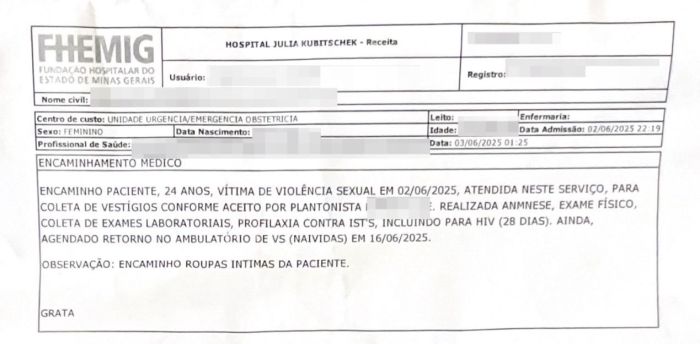 Vítima procurou o hospital Júlia Kubitschek, em BH 