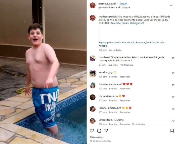Atleta de fisiculturismo morre aos 19 anos em SC; em publicação feita em 2022, jovem mostrou sua antes e depois, de quando era criança.