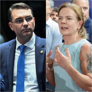 O senador Flávio Bolsonaro (esq.) e a ministra das Relações Institucionais, Gleisi Hoffmann (dir.)