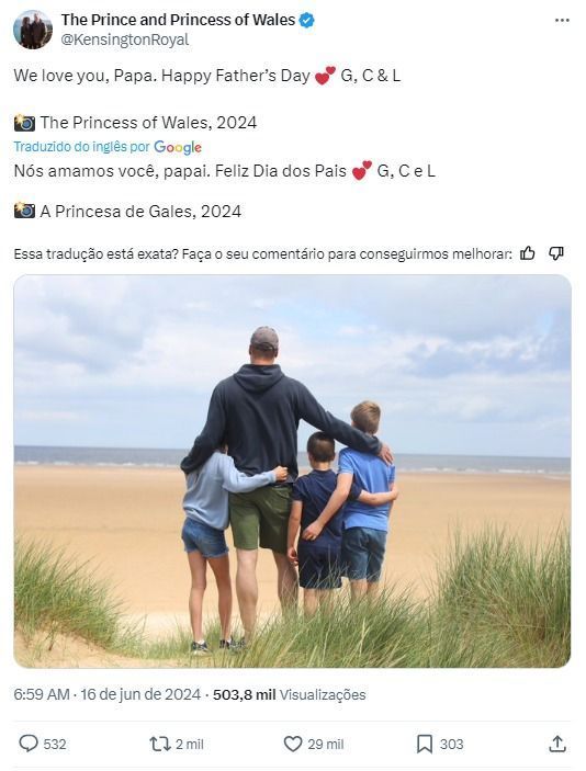 Em tratamento de câncer, Kate Middleton posta foto de príncipe William e filhos: 'Te amamos, papai'.