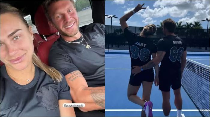 Sabalenka e Georgios Frangulis com a camisa do Corinthians