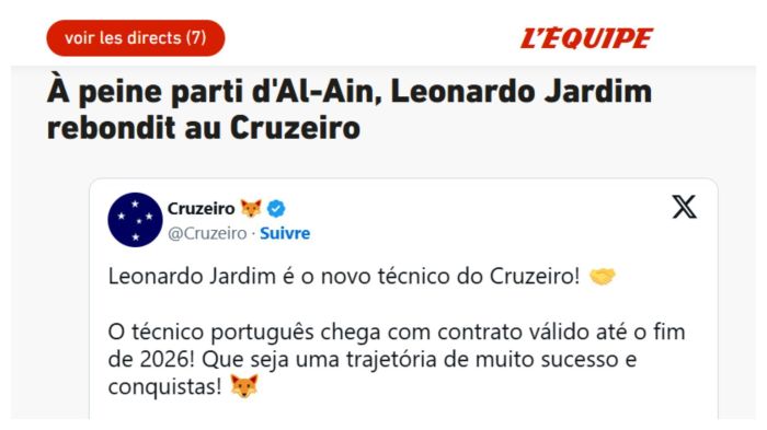 Principal jornal esportivo da França, L'Équipe noticiou a contratação do Cruzeiro