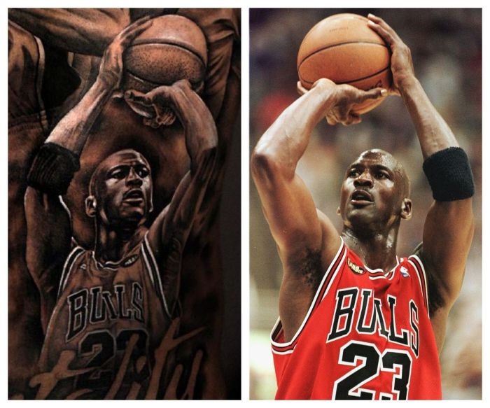Confronto da tatuagem e a imagem real do arremesso do Michael Jordan Confronto da tatuagem e a imagem real do arremesso do Michael Jordan
