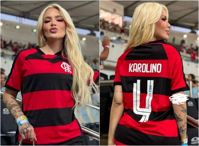 Karoline, com camisa personalizada para Léo Pereira, do Flamengo