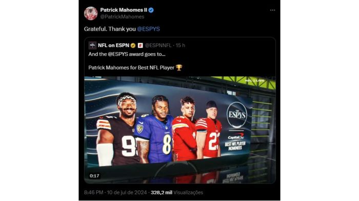 Patrick Mahomes agradece pelo prêmio de Melhor Jogador da NFL recebido pela ESPYS