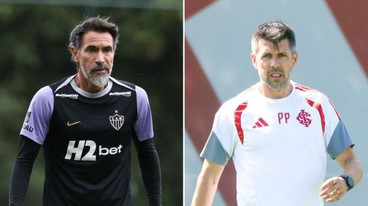 Técnicos Eduardo Domínguez, do Atlético, e Paulo Pezzolano, do Inter
