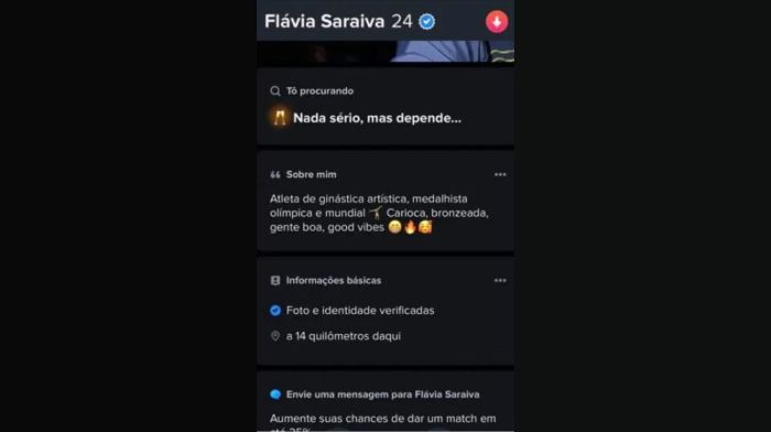 Print de perfil da ginasta Flávia Saraiva no Tinder viraliza nas redes sociais