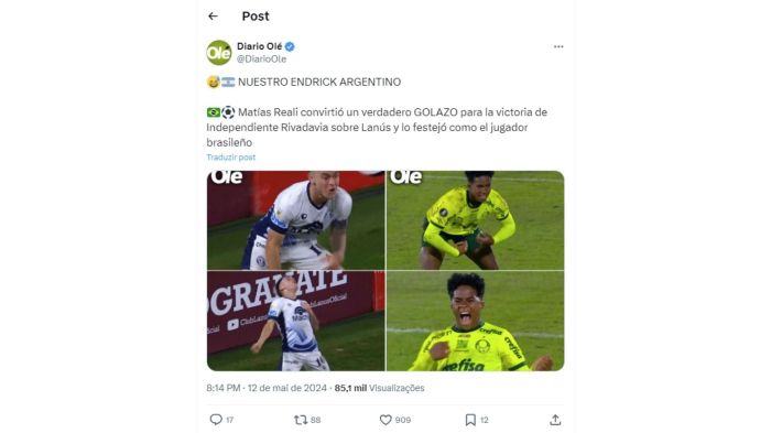 Publicação do portal Olé, da Argentina