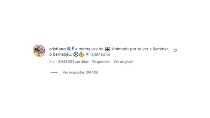 Comentário de Cristiano Ronaldo em publicação de Mbappé