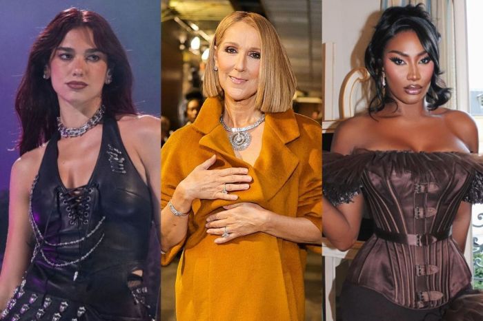 Da esquerda para a direita, Dua Lipa, Céline Dion e Aya Nakamura, artistas cotadas para se apresentar na abertura de Paris 2024