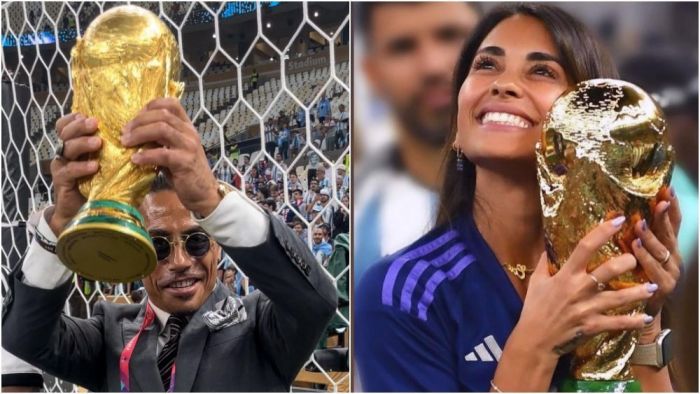 Influenciador e chef de cozinha turco Nusret Gökçe e Antonela Roccuzzo, esposa de Messi, com a taça da Copa do Mundo