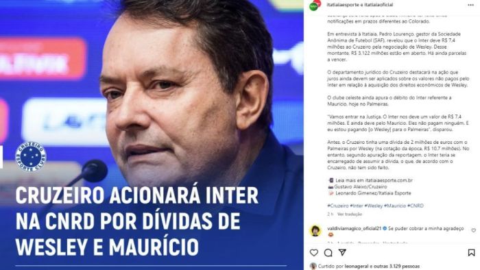 Comentário de Valdivia na publicação da Itatiaia sobre cobrança do Cruzeiro ao Inter