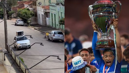 Carro de som em Abaeté com gol do título do Cruzeiro e Matheus Pereira com troféu de campeão mineiro de 2026