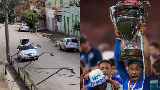 Carro de som em Abaeté com gol do título do Cruzeiro e Matheus Pereira com troféu de campeão mineiro de 2026