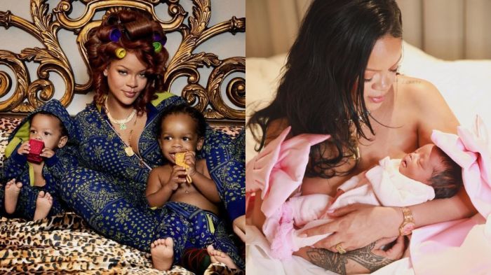 Rihanna com os filhos RZA e Riot (à esquerda) e com a pequena Rocki (à direita)