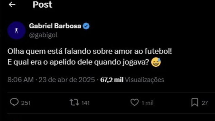 Indireta de Gabigol a Roger Flores no X, antigo Twitter