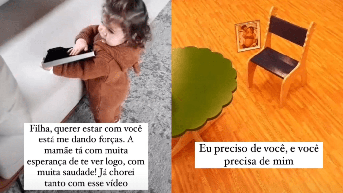 Lua di Felici, primogênita de Viih Tube e Eliezer, carrega foto da mãe pela casa