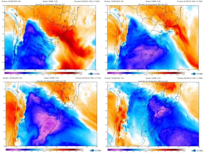 Os mapas acima mostram a projeção de anomalia de temperatura (desvio da média), o que indica o quão mais fria ou quente é uma massa de ar, para o período de 23 a 26 de agosto.