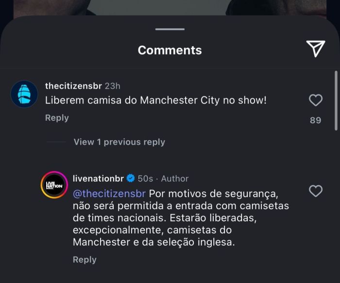 Resposta da LiveNation sobre camisas do Manchester City em show do Oasis