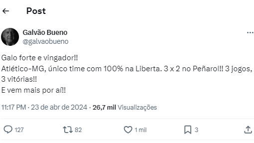 Galvão Bueno celebrou a vitória do Atlético sobre o Peñarol, pela Copa Libertadores
