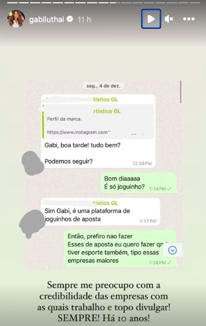 Gabi Luthai compartilha proposta para divulgar jogos de azar e nega