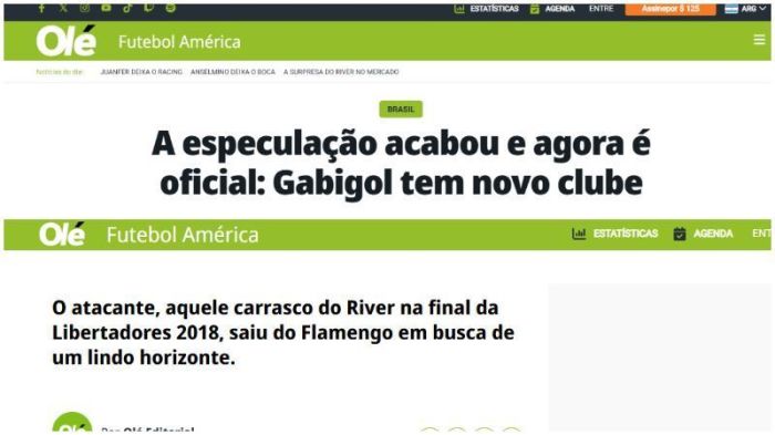 Diário Olé, da Argentina, repercute chegada de Gabigol ao Cruzeiro