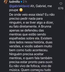 Gabriel e Ludmilla trocaram farpas pelo Instagram